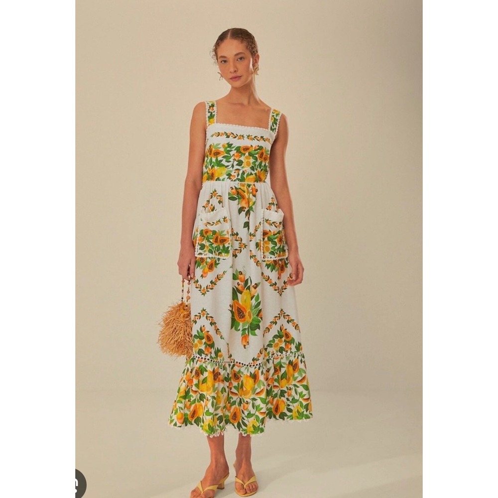 Farm Rio White Yellow Papaya Fruit Print Lace Trim Midi Dress Large